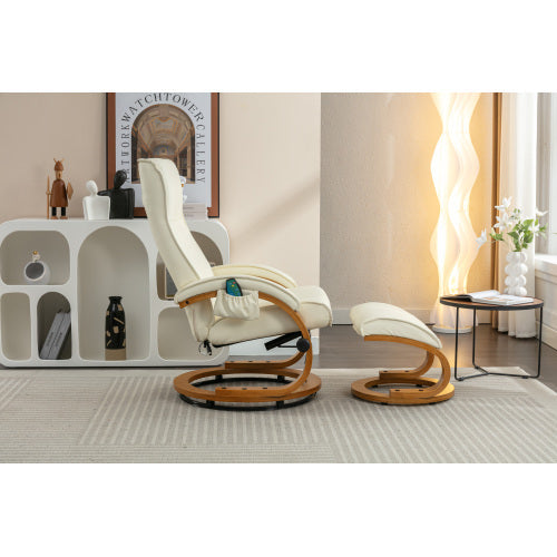PU Upholstered Massage Recliner With Ottoman Footstool, 5 Points Massager, Bentwood Base For Living Room Bedroom, Beige