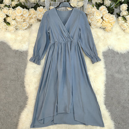 Retro Solid Color High Waist Long Sleeves Cotton And Linen Dress