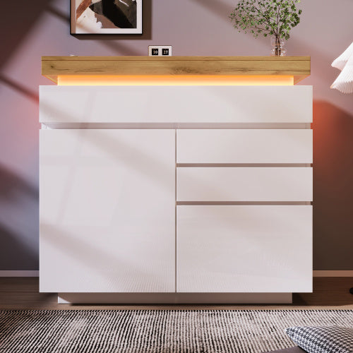 Chest Of Drawers,High-gloss Sideboard Cabinet With 2 Doors And 3 Drawers,Storage With RGB LED App-controlled,Multi-purpose Cabinet For Living Room And Bedroom, 115 X 110 X 39 Cm, White