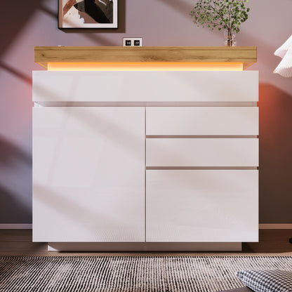 Chest Of Drawers,High-gloss Sideboard Cabinet With 2 Doors And 3 Drawers,Storage With RGB LED App-controlled,Multi-purpose Cabinet For Living Room And Bedroom, 115 X 110 X 39 Cm, White