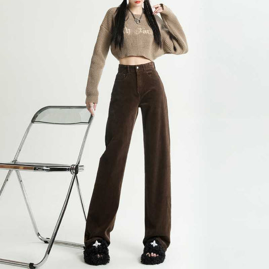 Winter Hot Coffee Brown Corduroy Wide-leg Pants Women