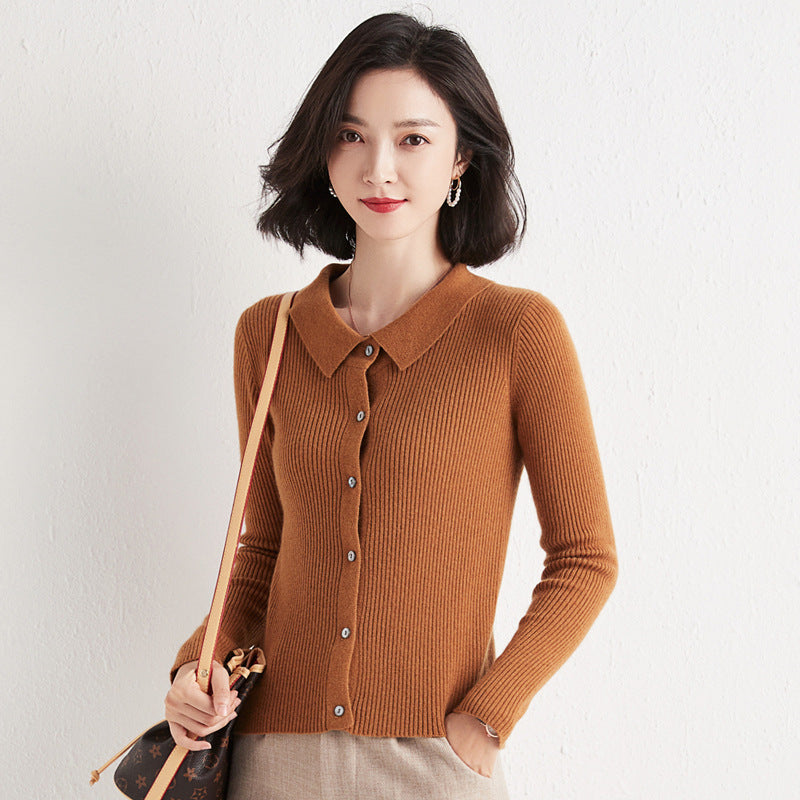 Polo Collar Slim Fit Slimming Long Sleeves Top Breasted Cardigan