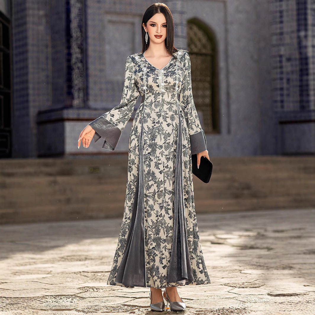 V-neck Satin Printed Muslim Dress