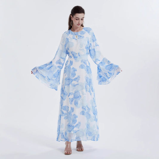 Muslim Chiffon Printed Bell Sleeve Dress