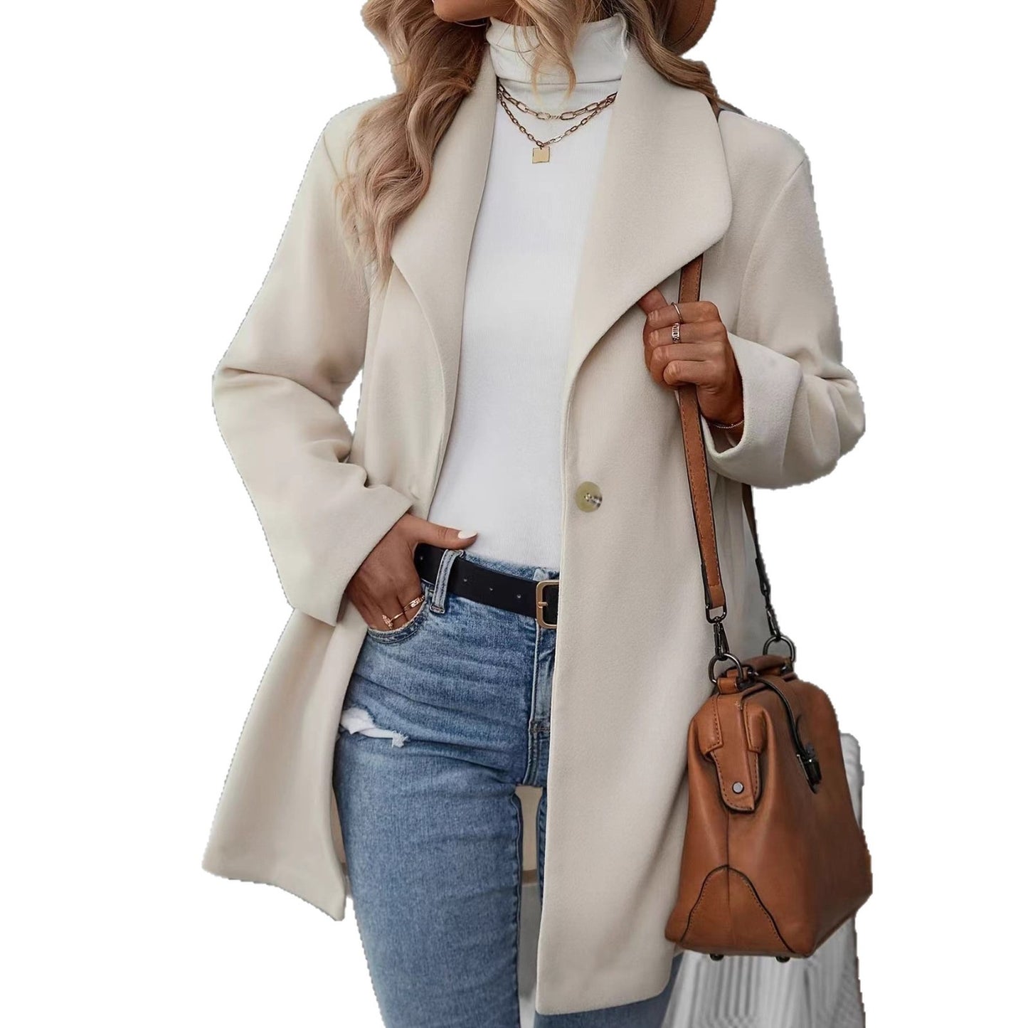 Polo Collar Cardigan Woolen Coat For Women