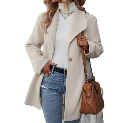 Polo Collar Cardigan Woolen Coat For Women