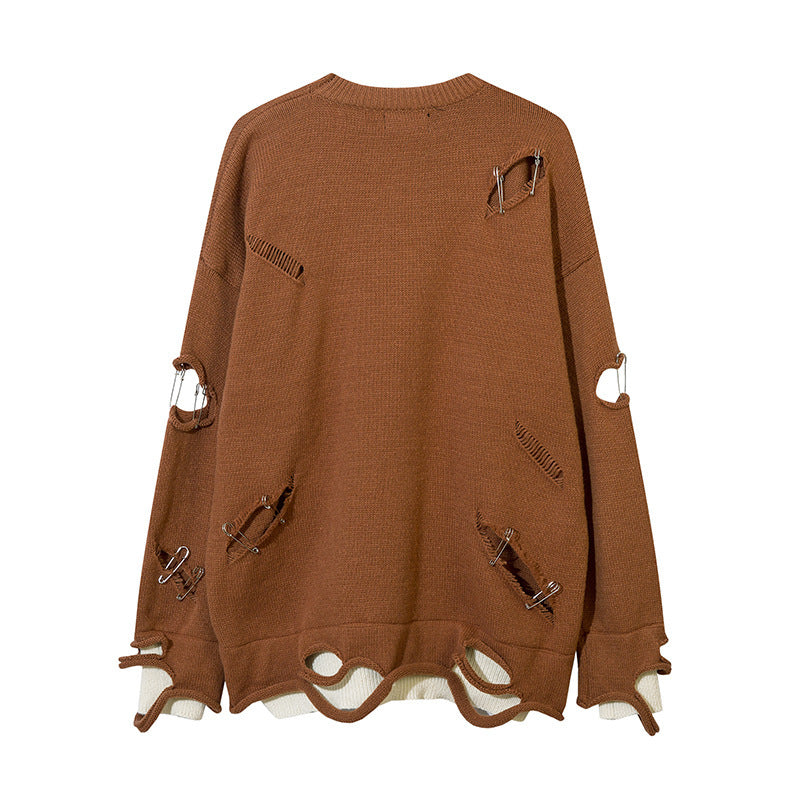 Ripped Hollow-out Decorative Pin Knitwear