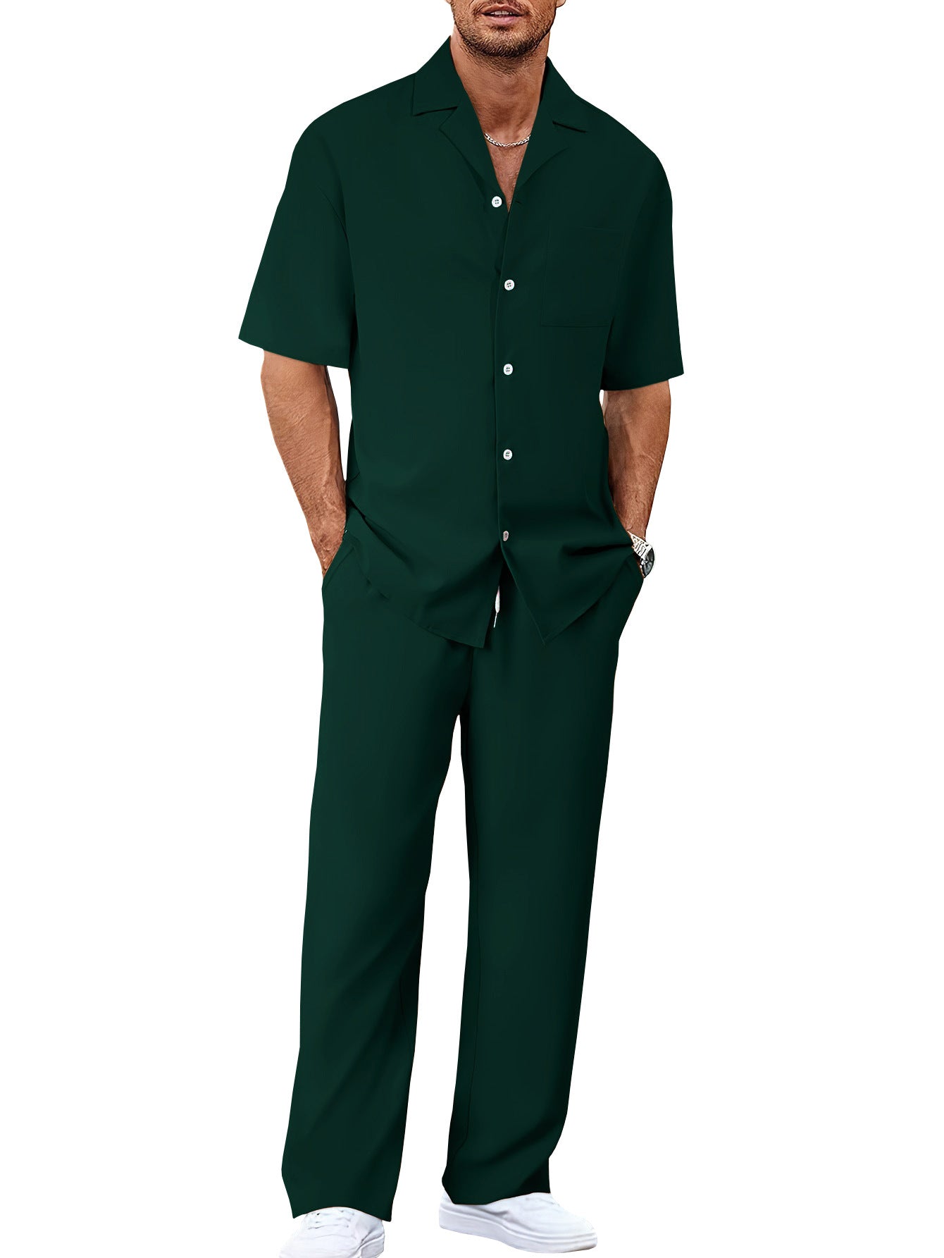 Men's Casual Short Sleeve Shirt and Long Pants Two-Piece Outfit