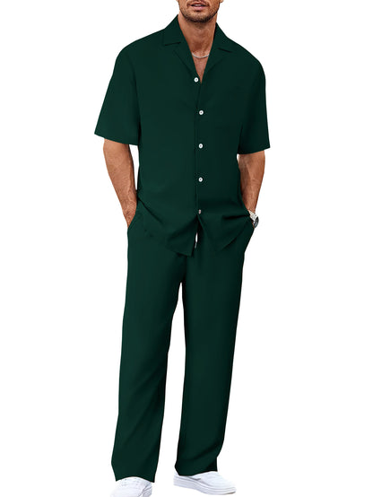 Men's Casual Short Sleeve Shirt and Long Pants Two-Piece Outfit