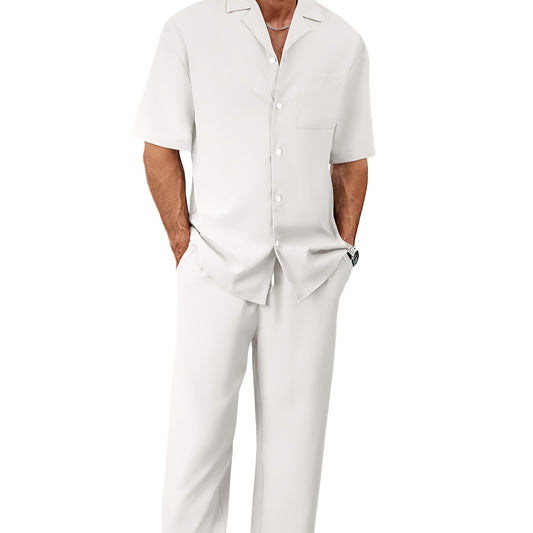 Men's Casual Short Sleeve Shirt and Long Pants Two-Piece Outfit