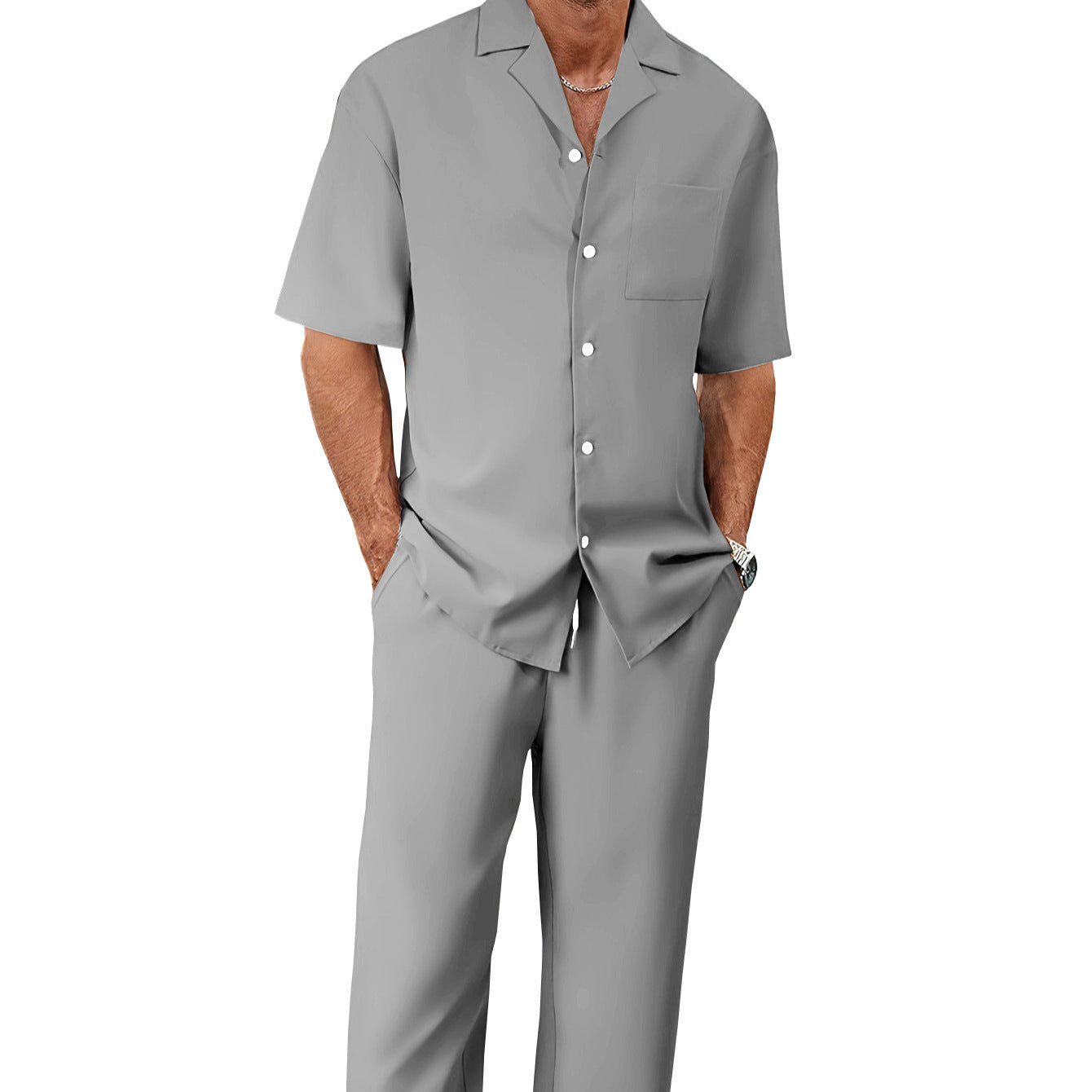 Men's Casual Short Sleeve Shirt and Long Pants Two-Piece Outfit