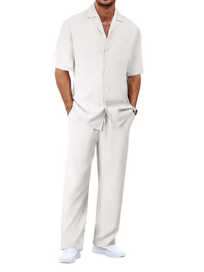 Men's Casual Short Sleeve Shirt and Long Pants Two-Piece Outfit