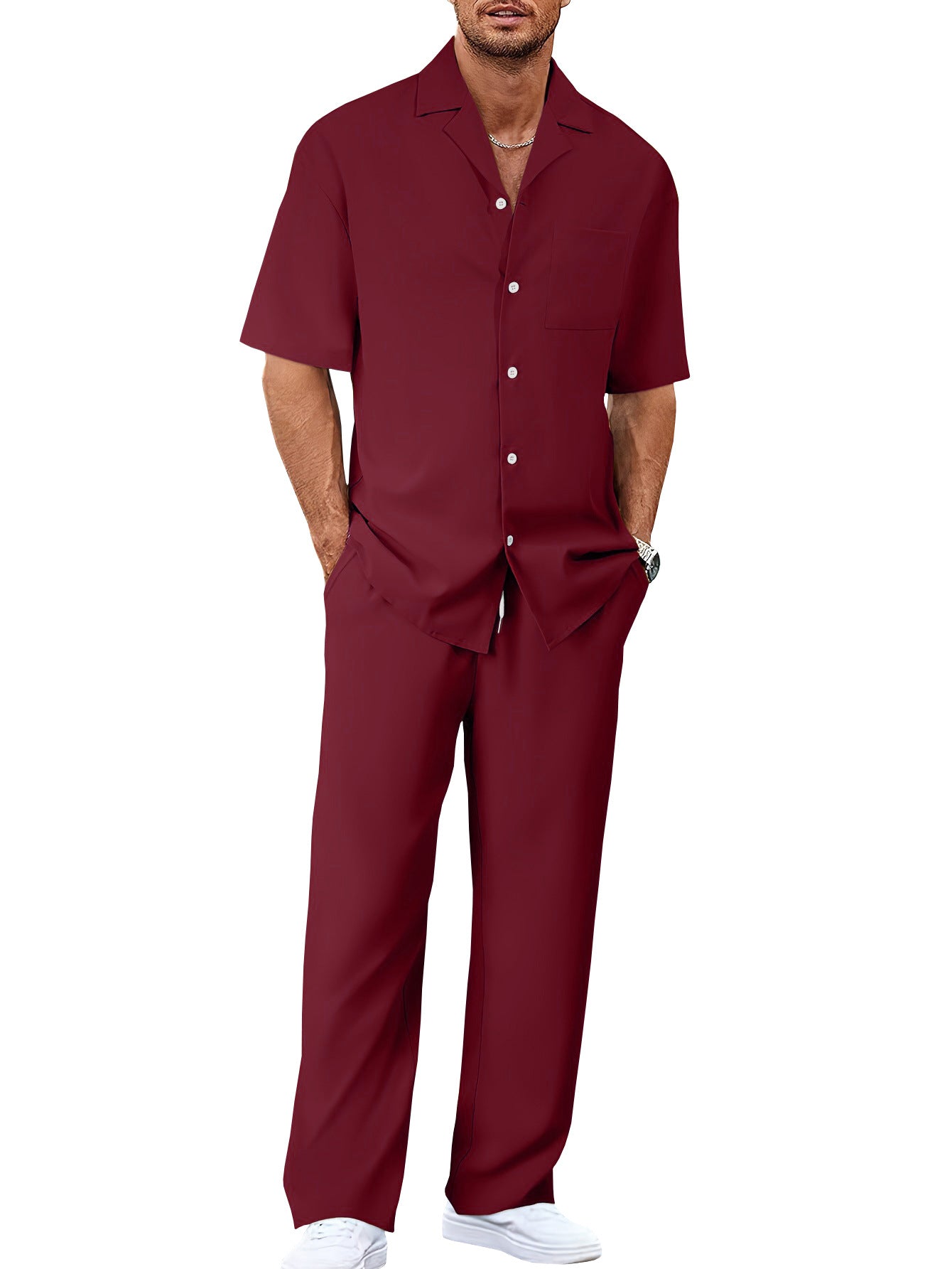 Men's Casual Short Sleeve Shirt and Long Pants Two-Piece Outfit