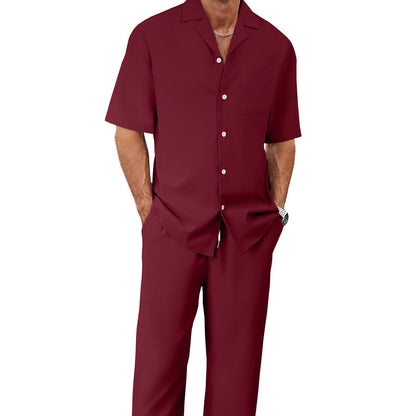 Men's Casual Short Sleeve Shirt and Long Pants Two-Piece Outfit