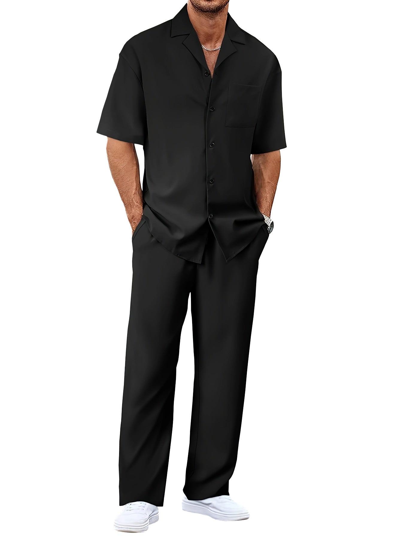 Men's Casual Short Sleeve Shirt and Long Pants Two-Piece Outfit