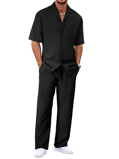 Men's Casual Short Sleeve Shirt and Long Pants Two-Piece Outfit