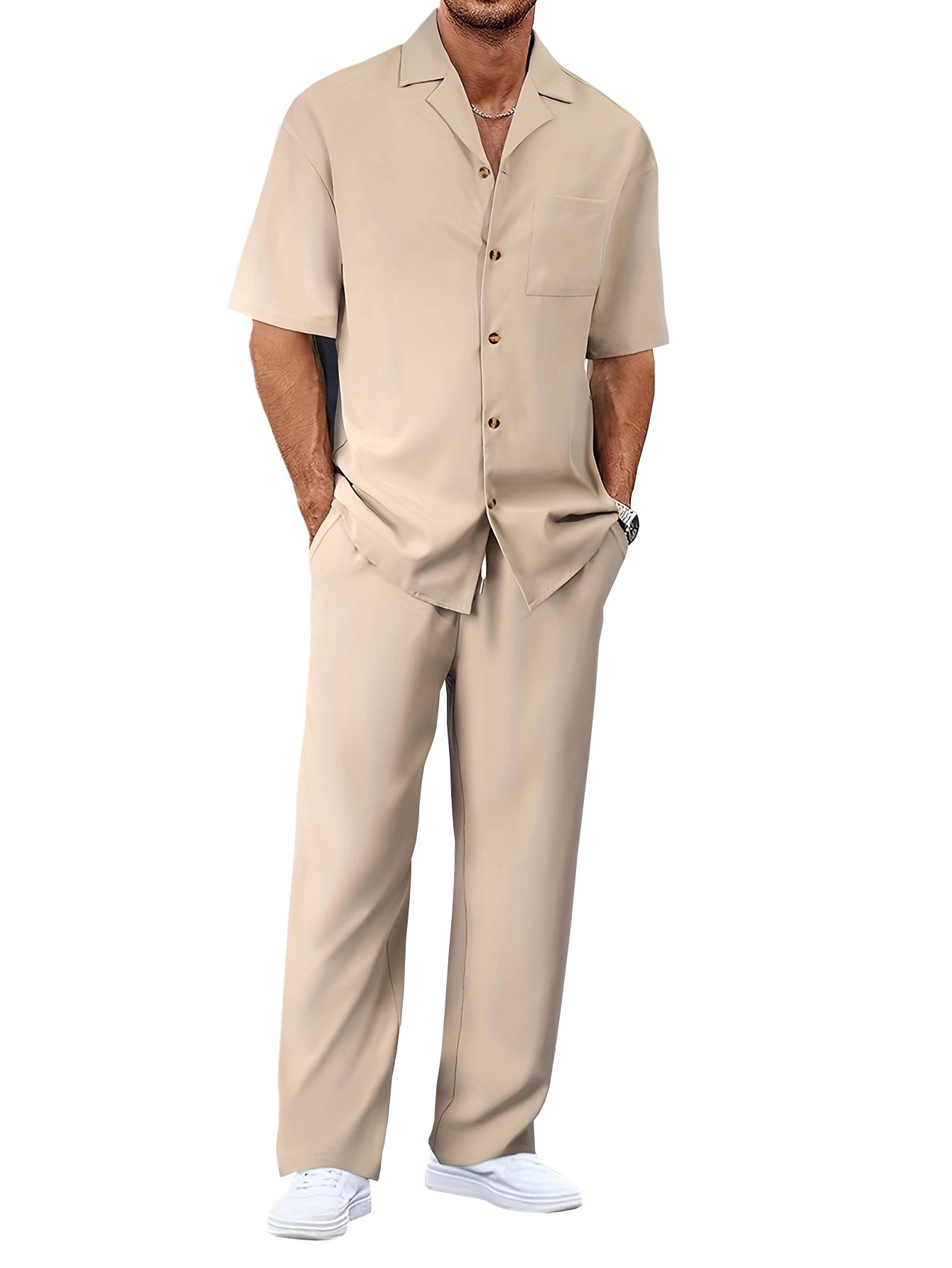 Men's Casual Short Sleeve Shirt and Long Pants Two-Piece Outfit