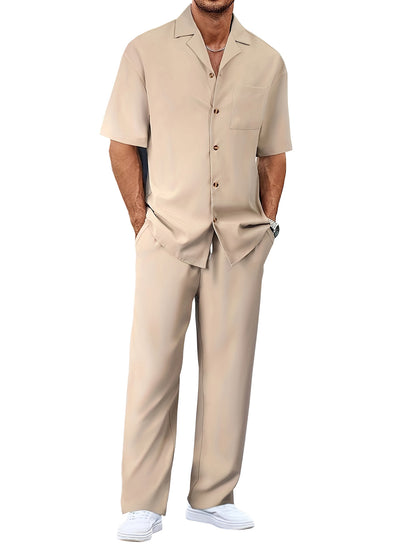 Men's Casual Short Sleeve Shirt and Long Pants Two-Piece Outfit