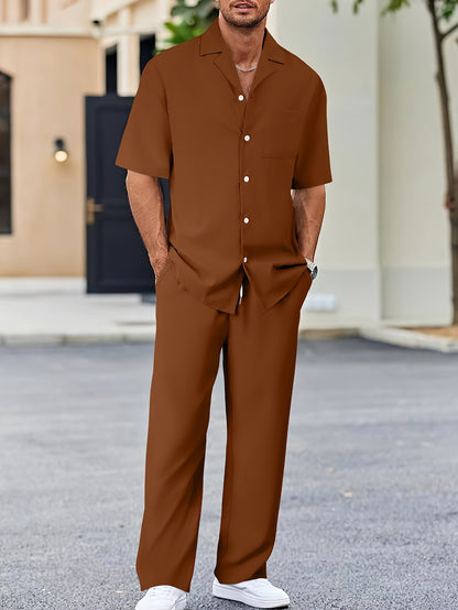 Men's Casual Short Sleeve Shirt and Long Pants Two-Piece Outfit