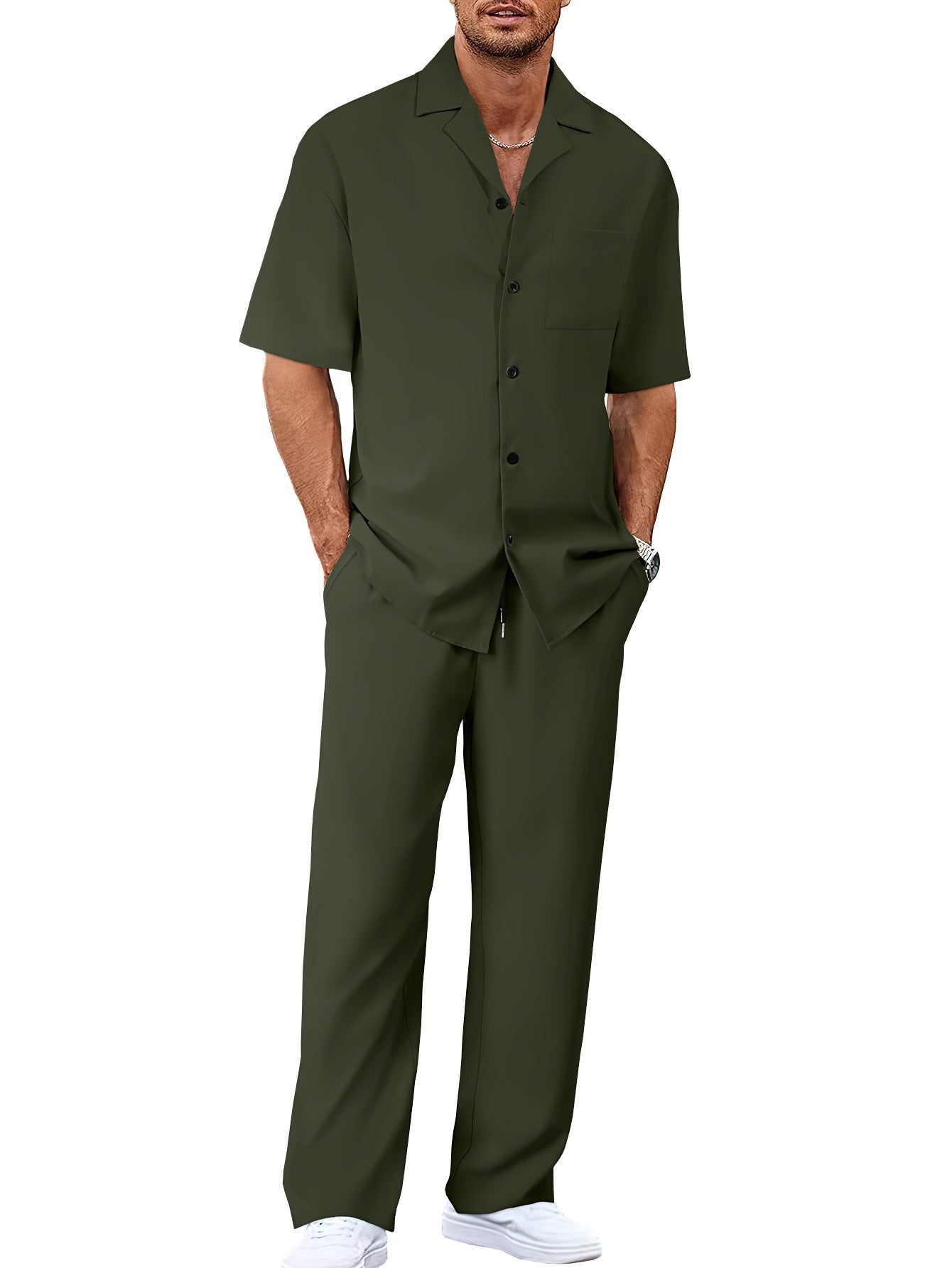 Men's Casual Short Sleeve Shirt and Long Pants Two-Piece Outfit