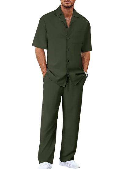 Men's Casual Short Sleeve Shirt and Long Pants Two-Piece Outfit