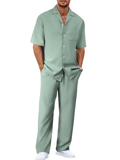 Men's Casual Short Sleeve Shirt and Long Pants Two-Piece Outfit