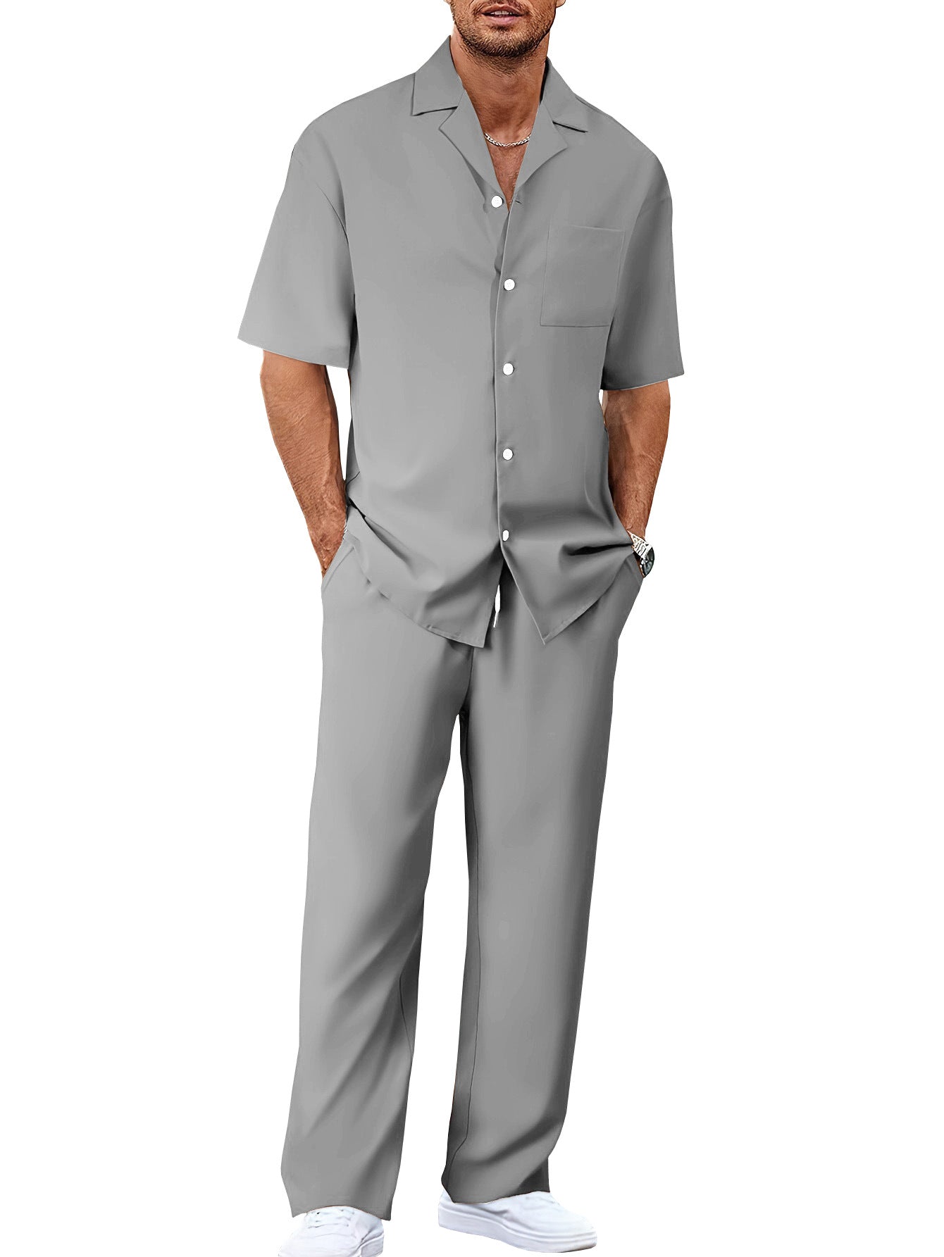 Men's Casual Short Sleeve Shirt and Long Pants Two-Piece Outfit