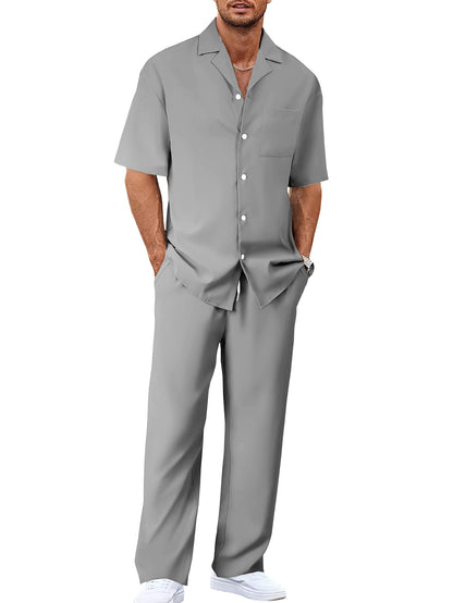 Men's Casual Short Sleeve Shirt and Long Pants Two-Piece Outfit