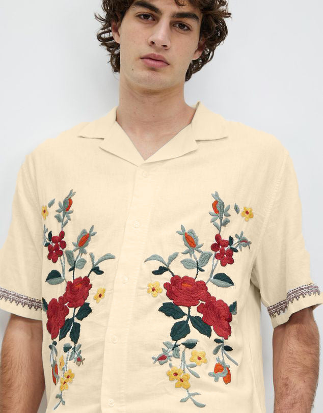 Summer Casual Loose Short Sleeves Vintage Print Lapel Men's Shirt