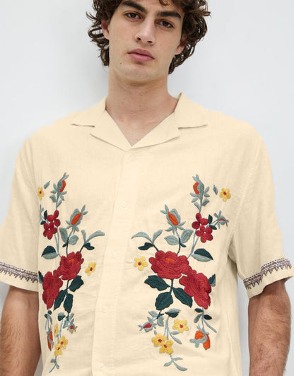 Summer Casual Loose Short Sleeves Vintage Print Lapel Men's Shirt