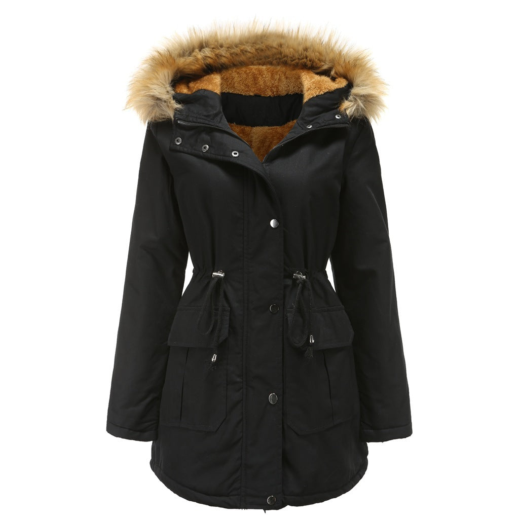 Women's Hooded Fur Collar Fleece-lined Warm Jacket