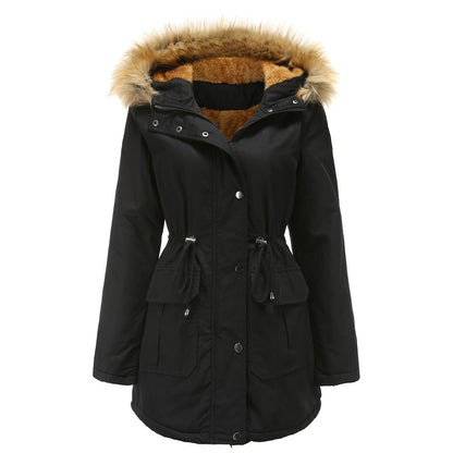 Women's Hooded Fur Collar Fleece-lined Warm Jacket