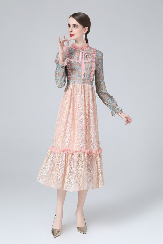 Stand-neck Bow Tie Lotus Lace Patchwork Print Maxi Dress