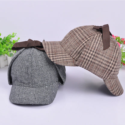 Vintage Plaid Double Brim Baseball Caps For Men And Women Autumn And Winter Ear Protection Double Brim Sunshade