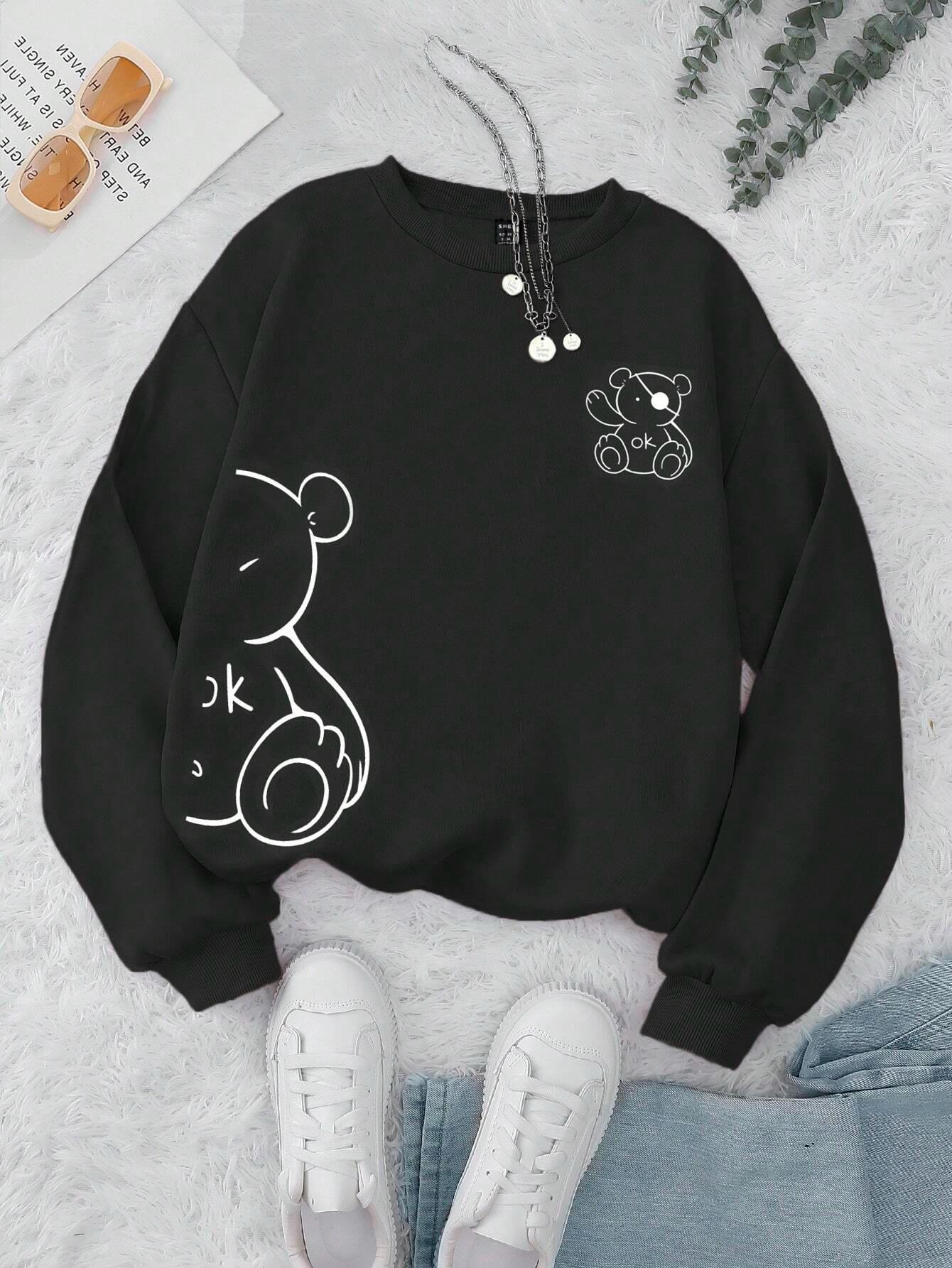 Kawaii OK Teddy Bear Printing Sweatshirts For Women Classic