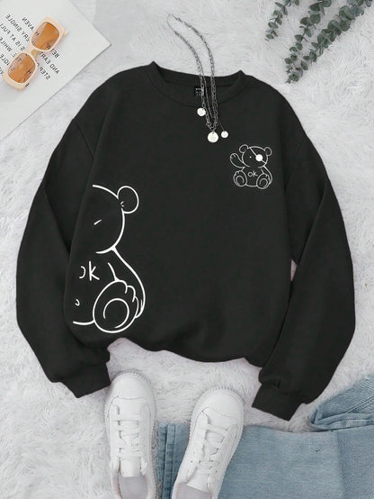 Kawaii OK Teddy Bear Printing Sweatshirts For Women Classic