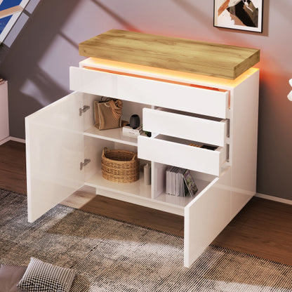 Chest Of Drawers,High-gloss Sideboard Cabinet With 2 Doors And 3 Drawers,Storage With RGB LED App-controlled,Multi-purpose Cabinet For Living Room And Bedroom, 115 X 110 X 39 Cm, White