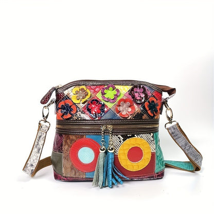 Genuine Leather Serpentine Color Handmade Casual Daily Tassel Flowers Shoulder Messenger Bag For Women