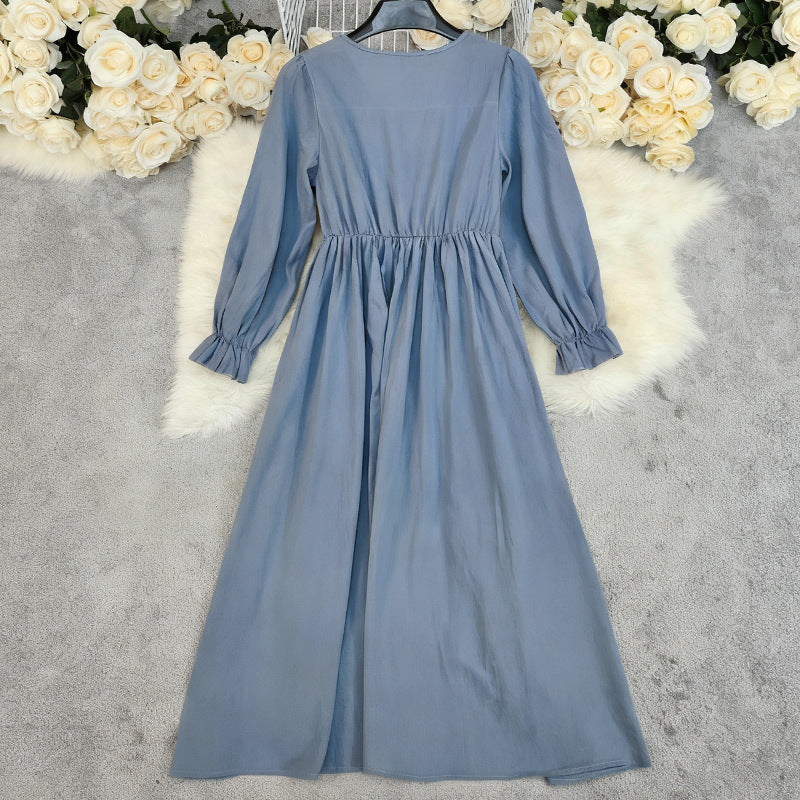 Retro Solid Color High Waist Long Sleeves Cotton And Linen Dress