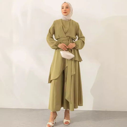 Muslim Style Solid Color Fashion Lace-up Wide-leg Pants Set