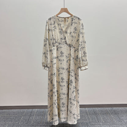 Elegant V Neck Printed Puff Sleeves High Waist Slim Long Dress