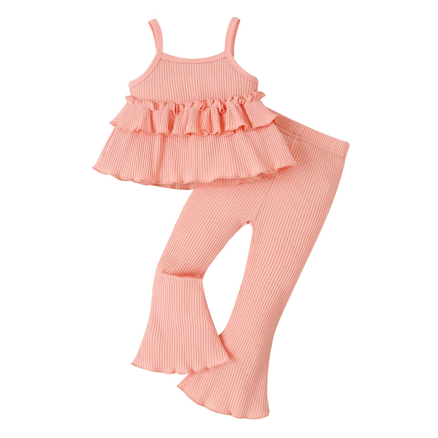 Children's Clothing Springsummer Young And Little Girls Sling Lace-collared Blouse Horn Sunken Stripe Trousers Two-piece Suit