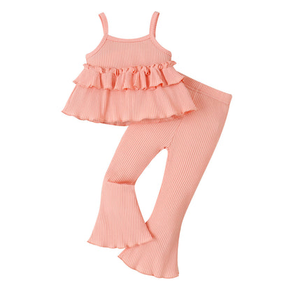 Children's Clothing Springsummer Young And Little Girls Sling Lace-collared Blouse Horn Sunken Stripe Trousers Two-piece Suit
