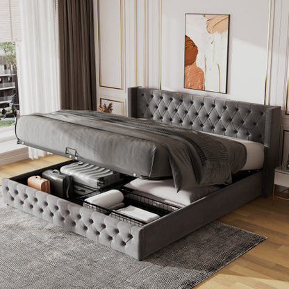 Upholstered Bed, With Hydraulic Lever, Functional Bed From Storage, 150 X 200 Cm, Without Mattress, Velvet, Gray