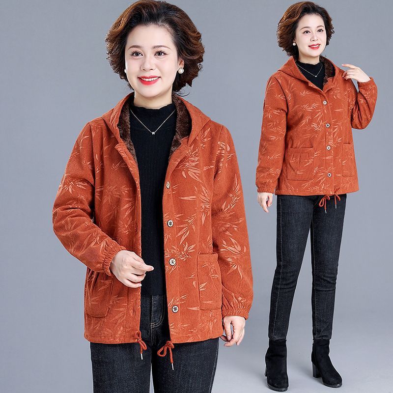 Fleece Lined Coat Hooded Short Middle-aged And Elderly Women's Wadded Jacket