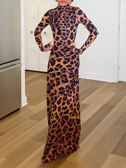 Leopard Print Mock Neck Maxi Dress