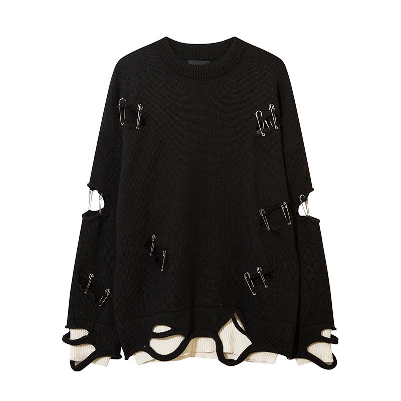 Ripped Hollow-out Decorative Pin Knitwear