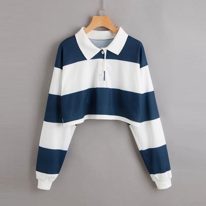 Women's Fashionable Simple Striped Polo Collar Sweater