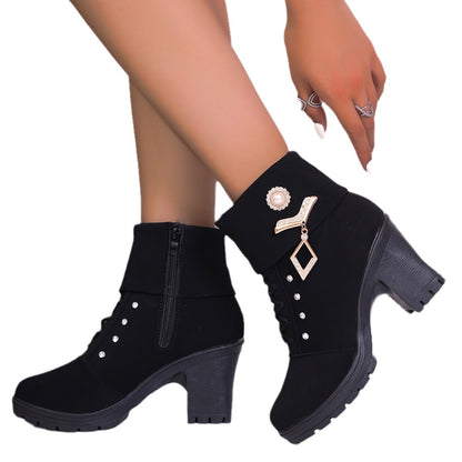 Plus Size Martin Boots Rhinestone High-heeled Cotton Boots