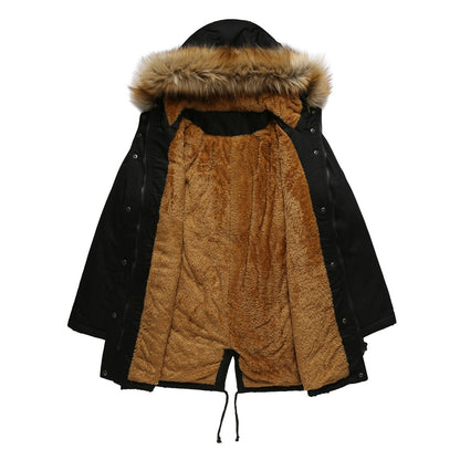 Women's Hooded Fur Collar Fleece-lined Warm Jacket